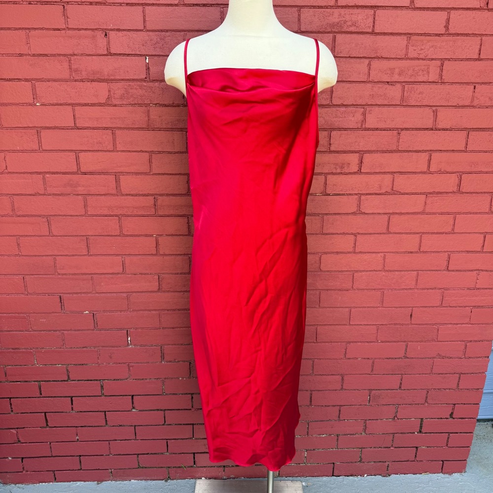 Vtg Y2K Bebe Red Satin Cowl Neck Slip Midi Dress Womens Large USA Cocktail